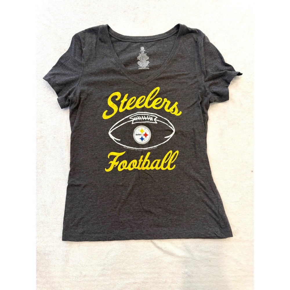 NFL Team Apparel Pittsburgh Steelers Womens V-Neck T-Shirt Charcoal Grey Large